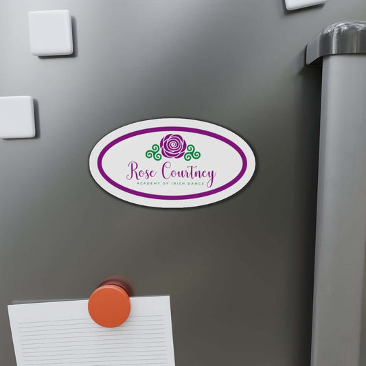 Rose Courtney custom die-cut magnet on metallic surface enhancing decor with vibrant design.