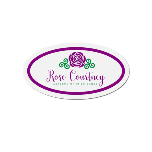 Rose Courtney custom die-cut magnet in oval shape with vibrant decorative rose and swirl design