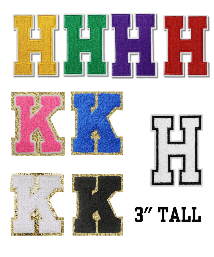 Colorful 3-inch tall varsity letter patches, available in different colors, perfect for customizing jackets.